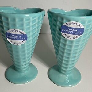 Faiancas Ramos 2 Ceramic ice cream bowls shaped like waffle cones Drk BLUE  New